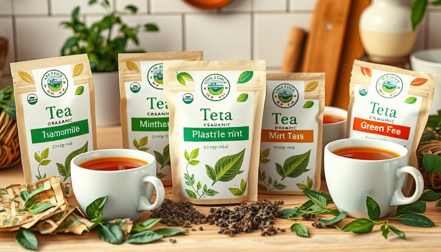 Organic plastic-free tea bags in a collage with various flavors.
