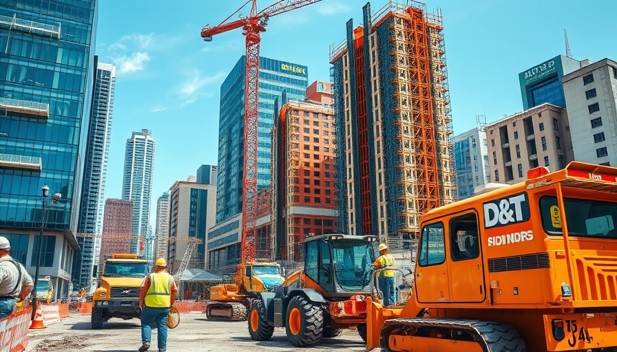 Urban construction site with workers, NYC infrastructure funding pause, clear blue sky.