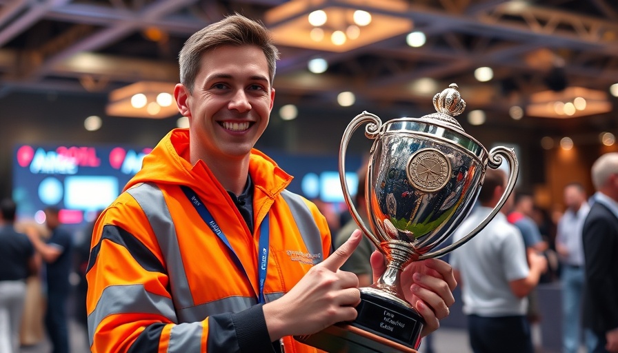 Young man at Global Operator Challenge holding trophy, smiling.