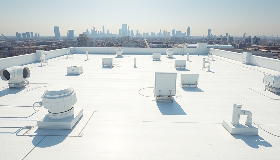 Expansive flat rooftop with multiple white roofing accessories, bright daylight