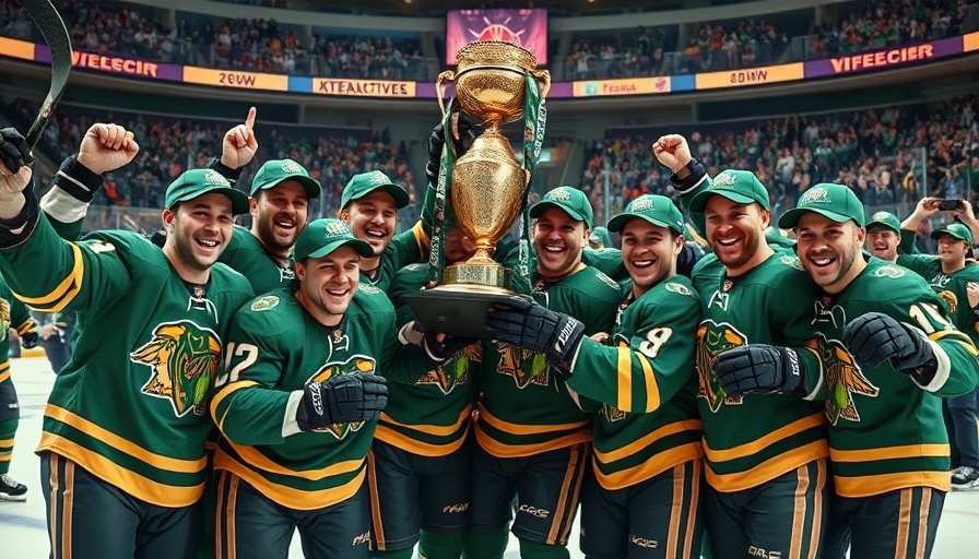 Dallas Stars team celebrates in arena with trophy and vibrant energy.