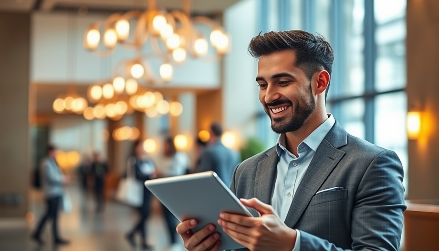 Smiling man in suit using tablet in modern hotel lobby.