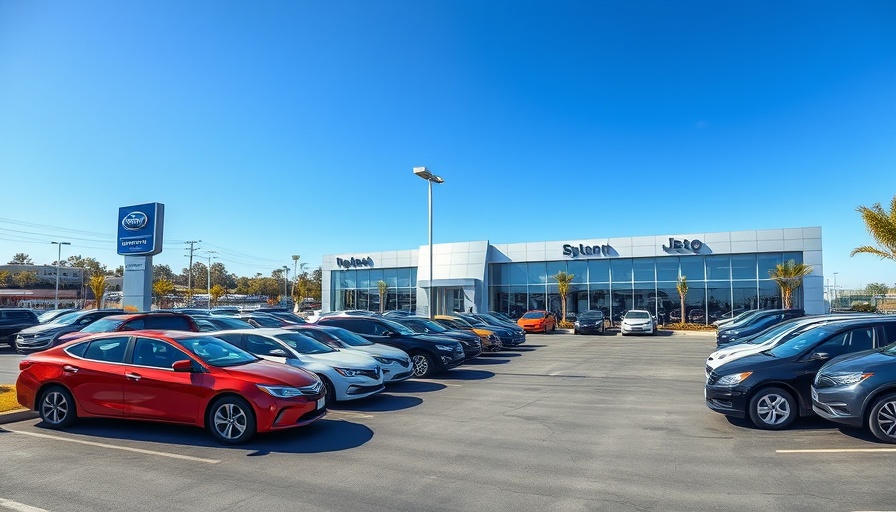 Car dealership scene with parked cars under clear blue sky.