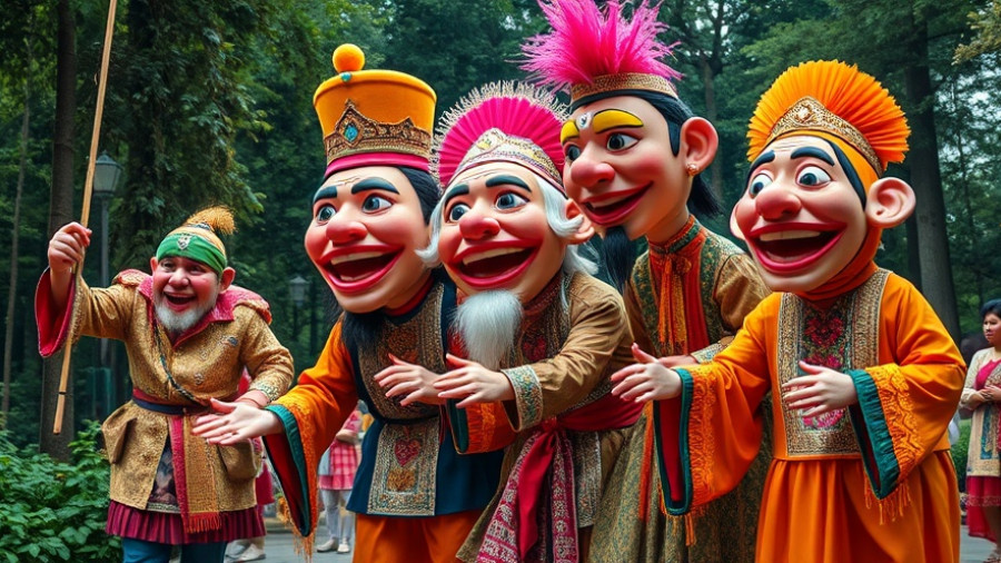 Colorful radical political puppetry scene in a sunny outdoor setting.