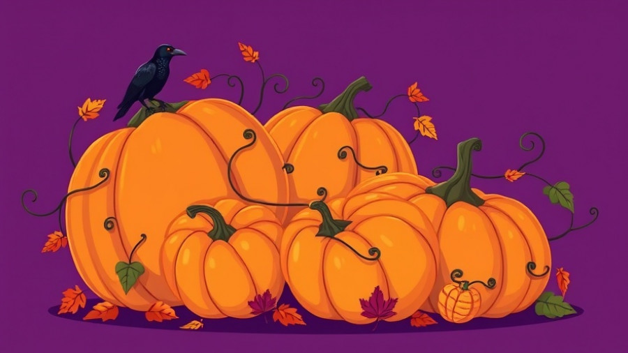 Illustration of pumpkins, leaves, and raven at Fall Fantasy Festival.