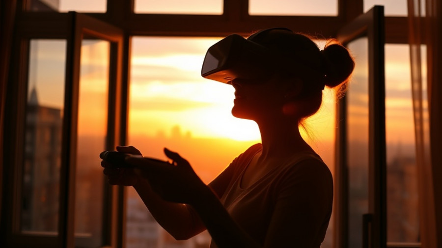 Silhouetted woman explores augmented reality with VR headset at sunset.