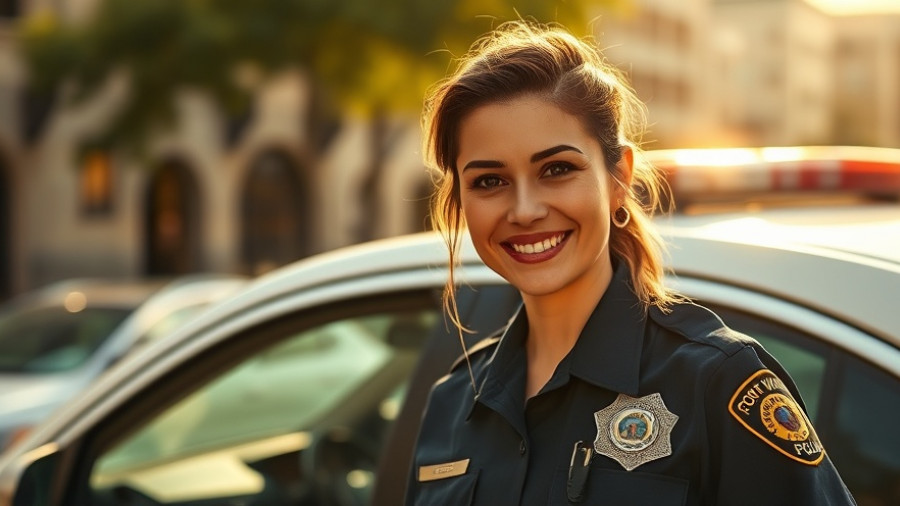 Fort Worth police officer smiling beside patrol car.