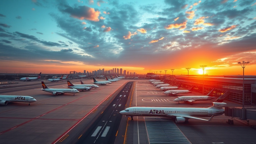 DFW Airport expansion plans highlighted with a modern terminal and aircraft at sunset.