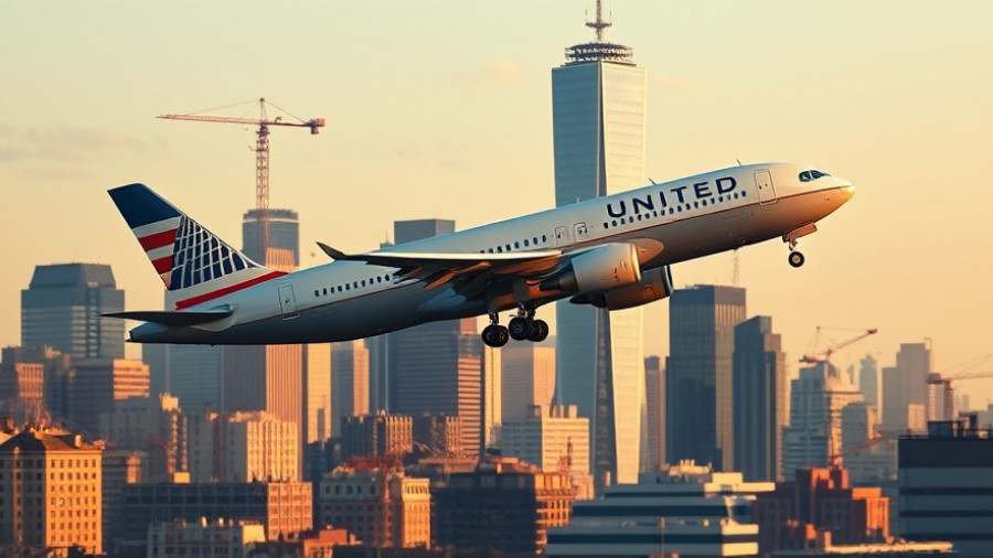 United Airlines flight approaches city, construction scene below.