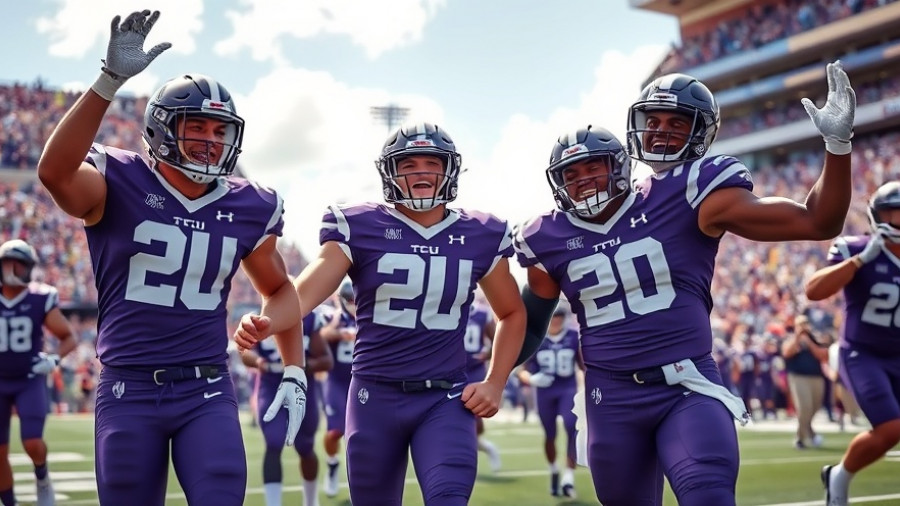 TCU football players celebrating during TCU Baylor football rivalry