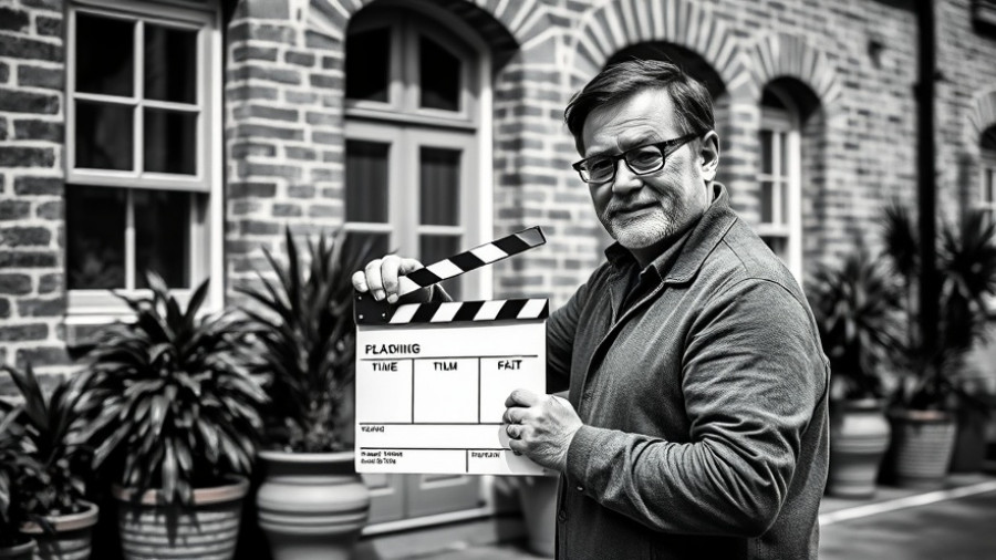 Director holding clapperboard outside building for Houston horror film.