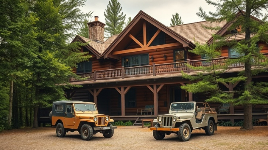 Rustic lodge exterior with vintage jeep in Branson MO