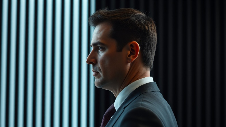 Businessman in profile, striped background, serious expression.