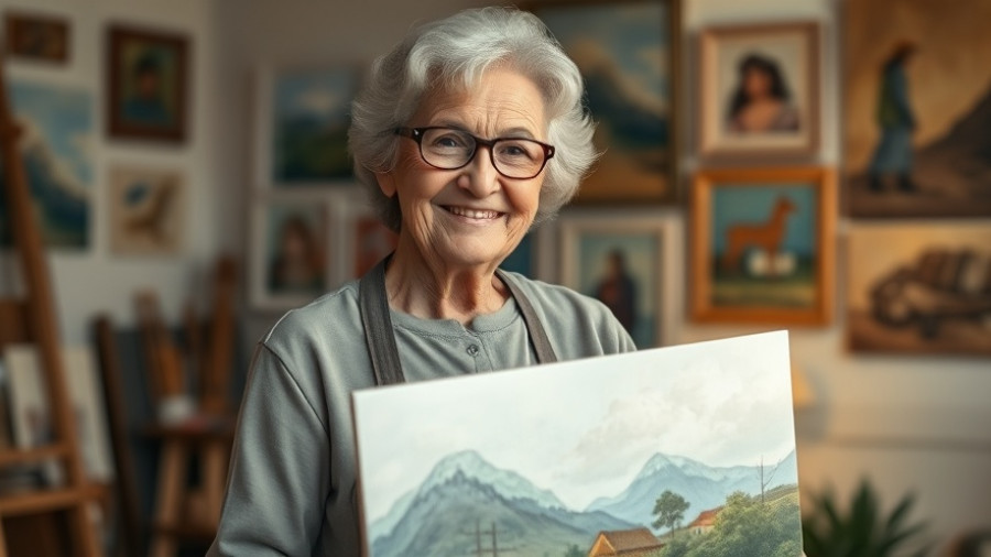 Artist finds inspiration in Mistletoe Heights, elderly woman smiles with artwork.