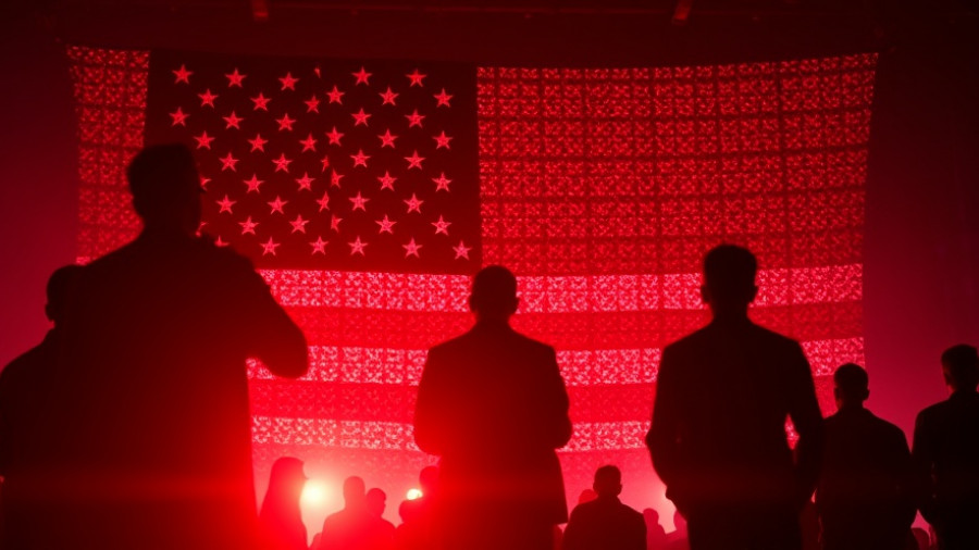 Silhouetted people in front of a red-pixelated American flag backdrop, AI accent modification solutions.