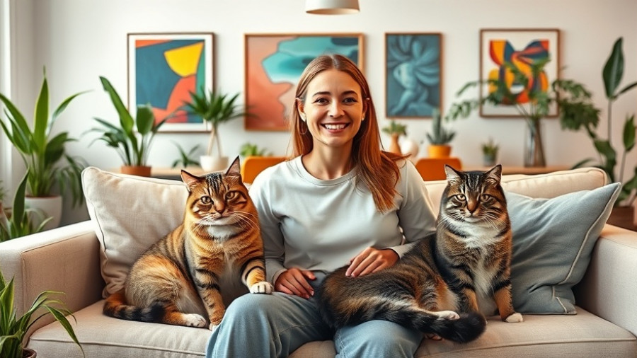 Cheerful woman with cats in a stylish living room for tips on how to get rid of cat allergies.