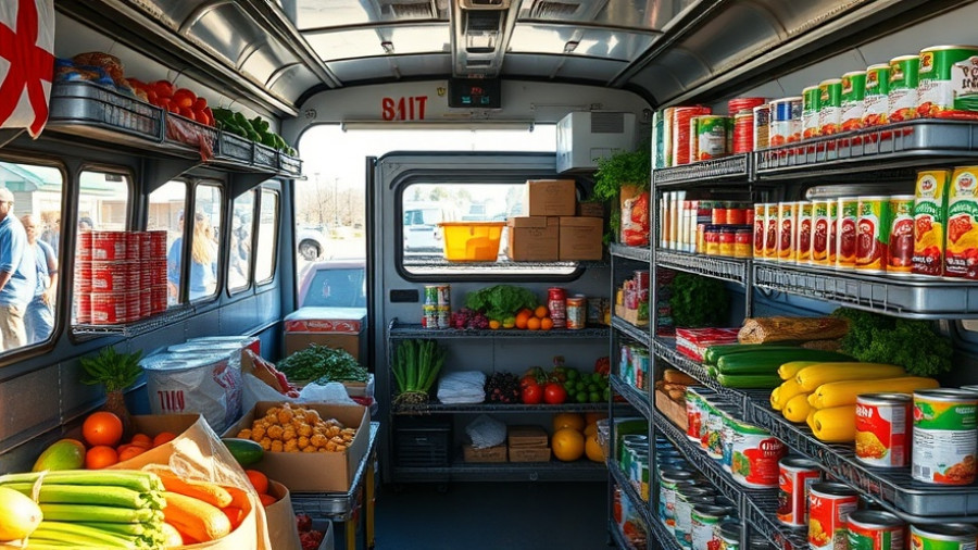 Texas food bank mobile pantry with fresh produce on display.