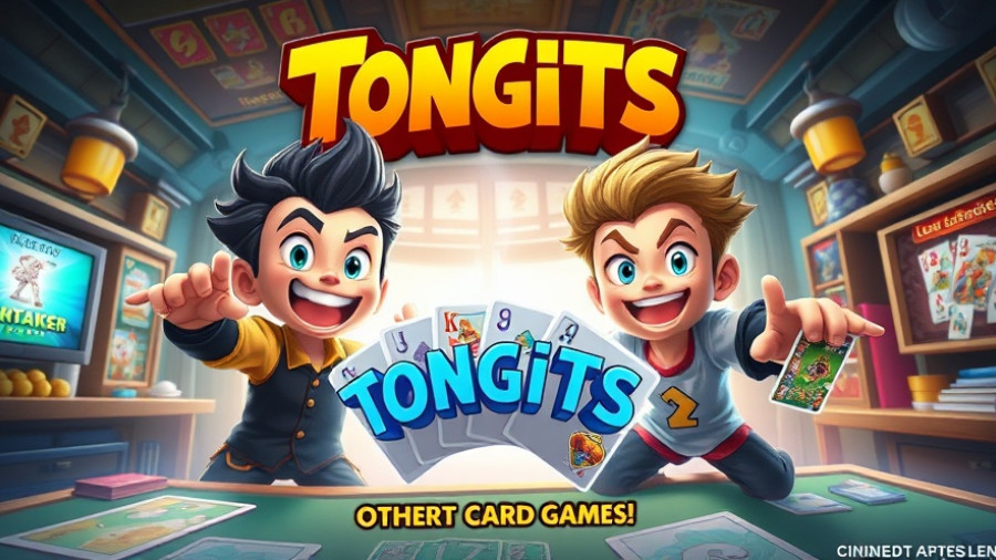 Colorful promo for Tongits Card Game Online with animated characters.