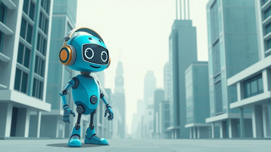 Futuristic blue robot in a cartoon cityscape, Samsung SmartThings app integration.