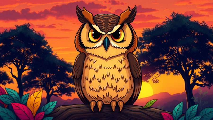 Vibrant owl in sunset forest, overcoming burnout through raptor rescue