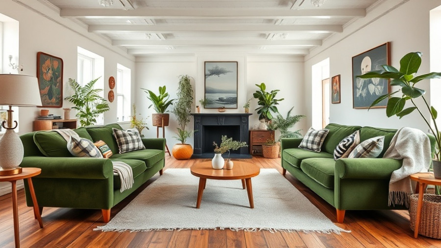 Eclectic non-generic living room with green sofas and mustard chairs.