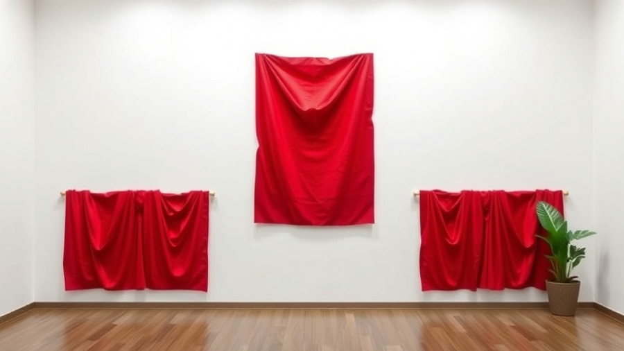 Minimalist red fabric art by Rauschenberg, displayed on a wall.