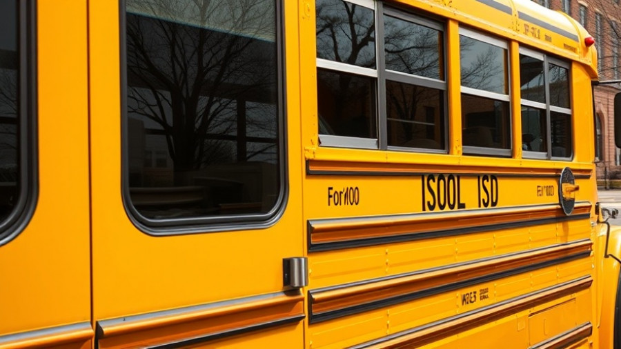Fort Worth ISD school bus reflecting trees, symbolizing state takeover.