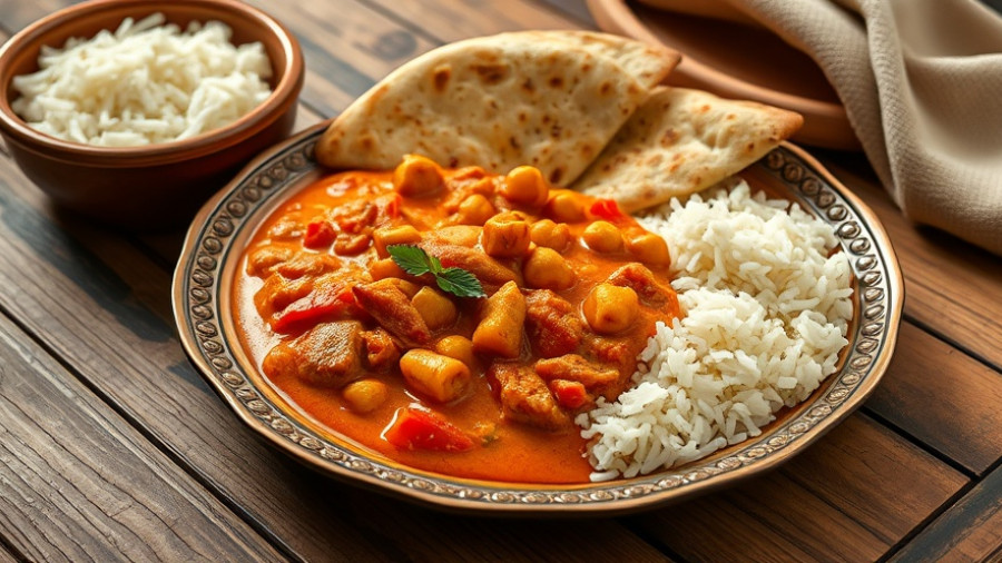 Red Pepper and Chickpea Korma Curry with naan and rice.