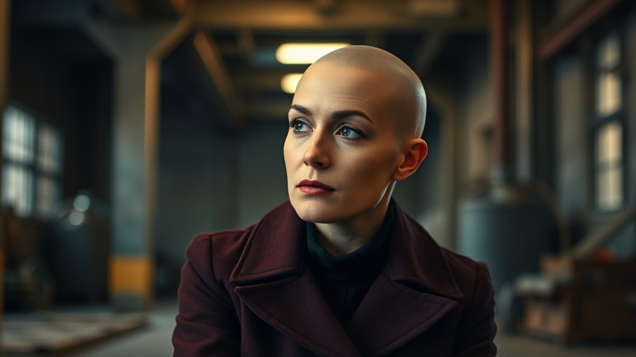 Somber woman in maroon coat in an dimly lit industrial setting.