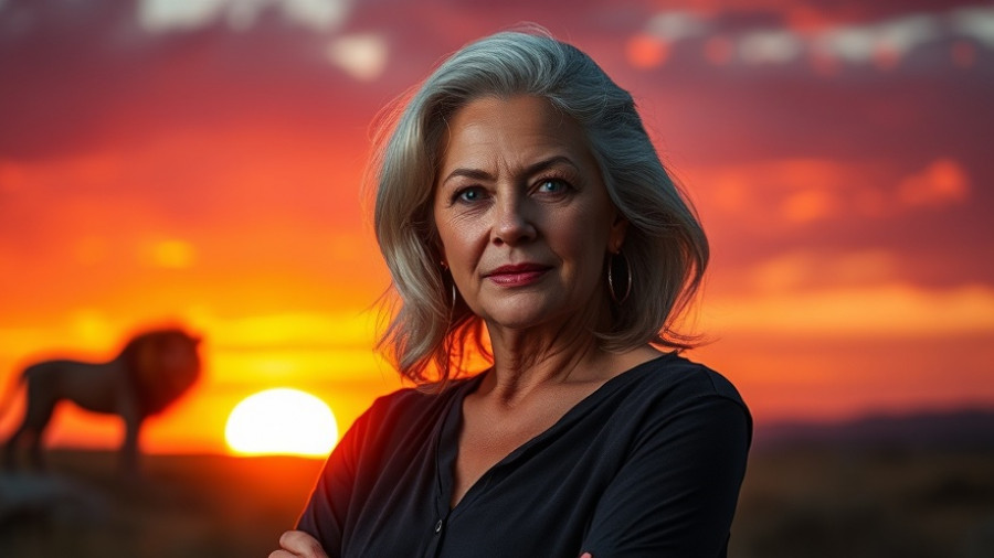 Navigating Perimenopause concept; mature woman with sunset and lion.