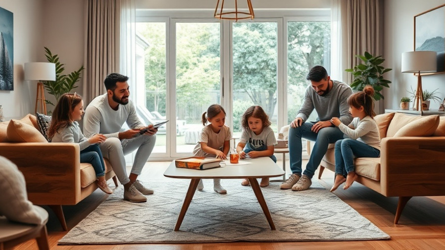 Family enjoying an inviting living room, designing a family-friendly home.