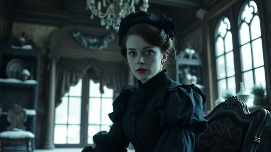 Southern Gothic Horror, woman in black Victorian dress inside rustic room.