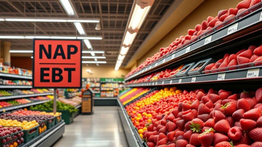Grocery aisle with SNAP benefits sign and berry display, Texas.