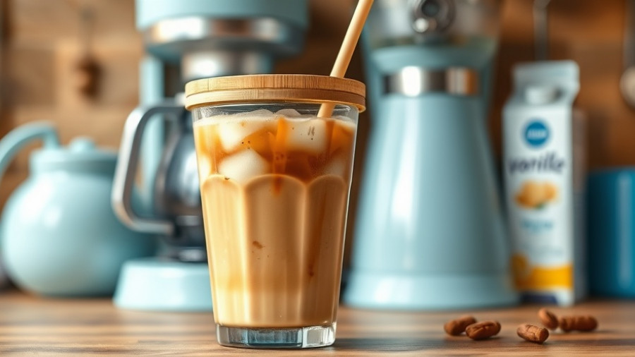 Clear glass of iced coffee on counter, make cold brew coffee at home.