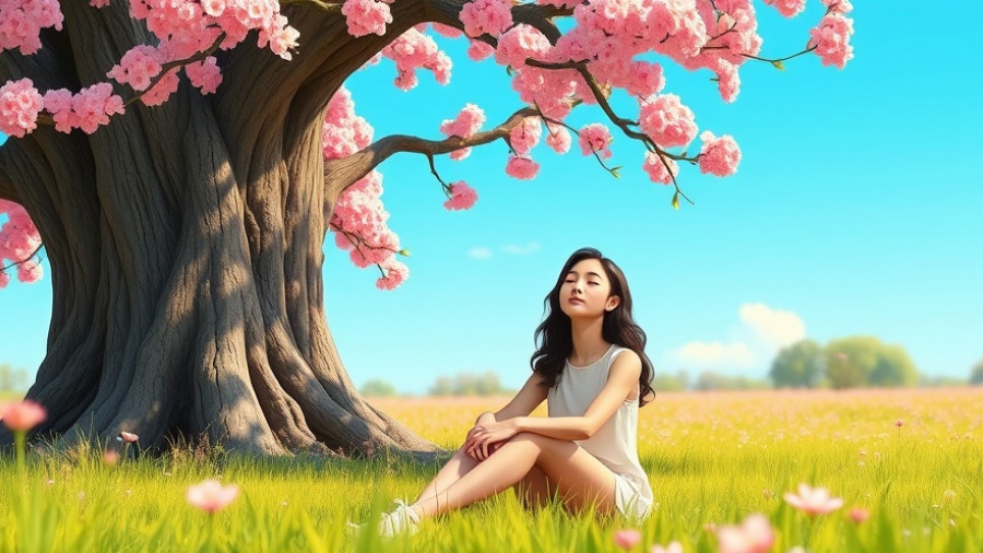 Serene woman in green dress sitting against a tree in blooming meadow, ache of self-worth.