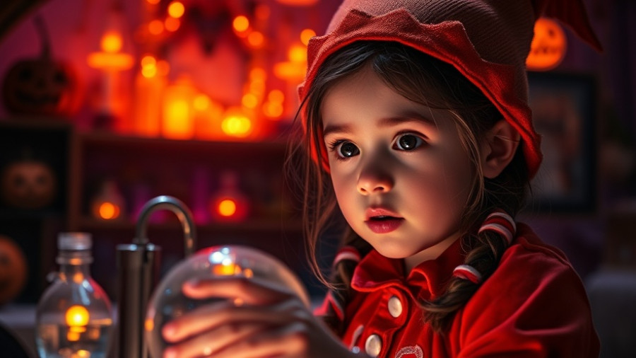 Girl in costume exploring glowing Halloween science experiments.