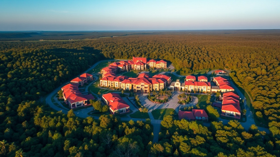 Aerial view of North Texas resort area with green forest.