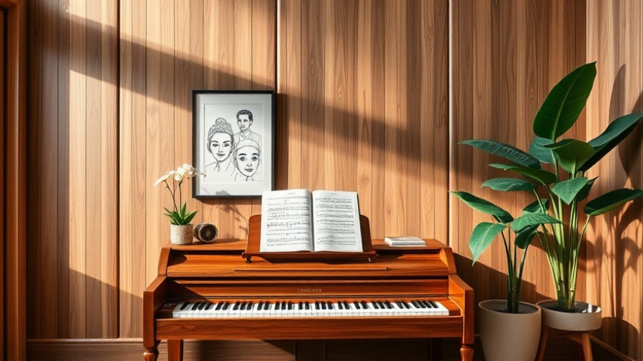 Modern wooden room with piano, conveying holiday warmth