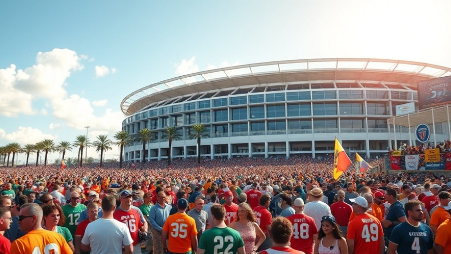 Lively crowd outside Ben Hill Griffin Stadium on a sunny day.