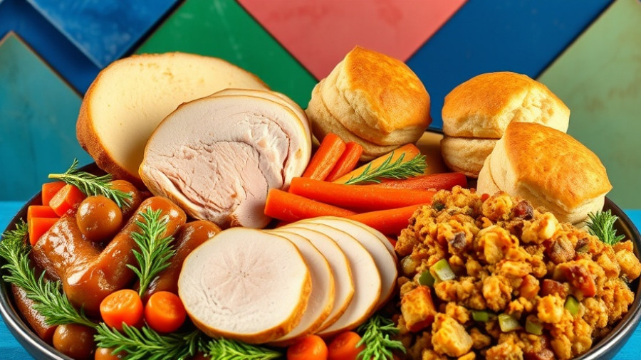 Thanksgiving meal kits featuring turkey, sides, and biscuits on a colorful background.