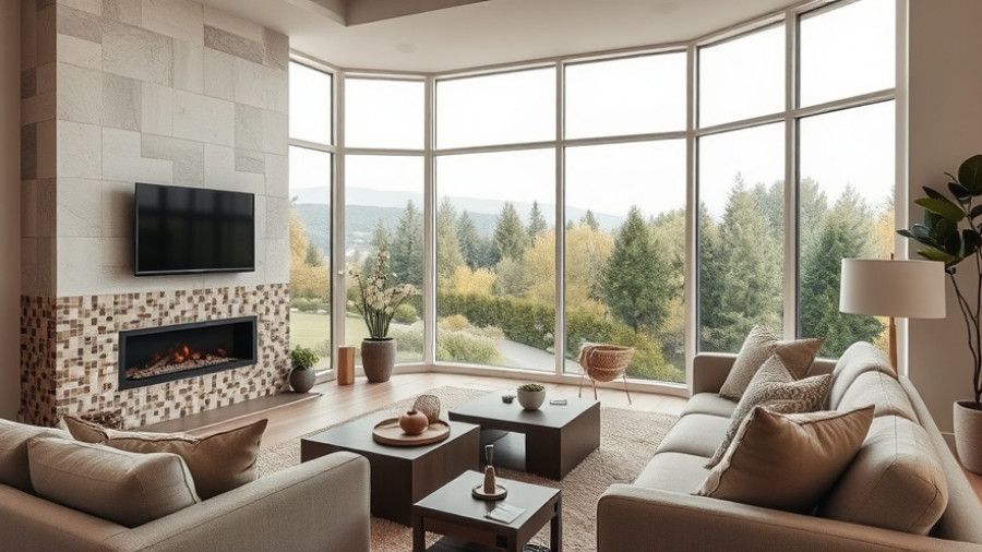 Living room reveal with a TV on a tiled fireplace, showcasing a cozy and well-lit space.