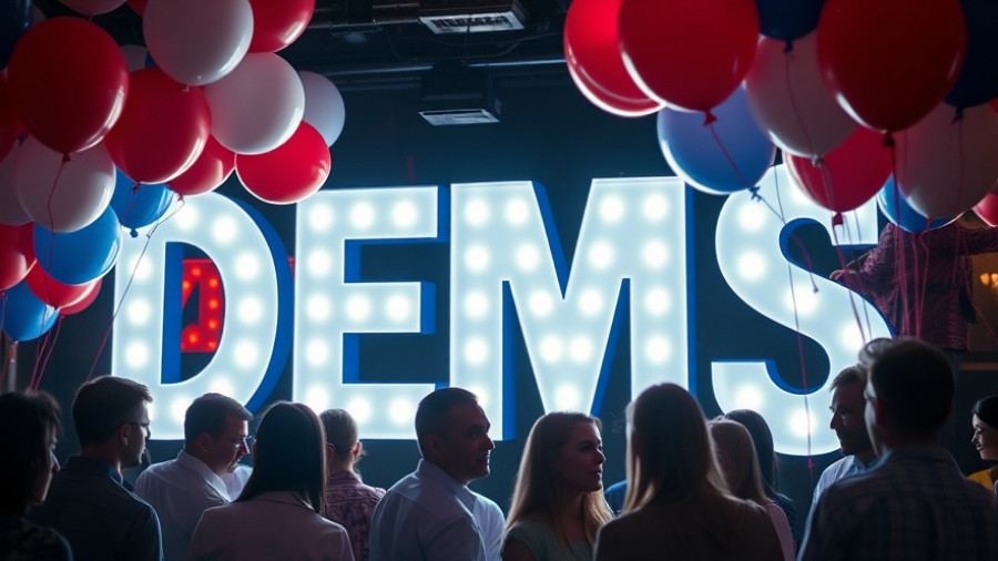 Illuminated DEMS sign with balloons, symbolizing Democratic digital strategy.