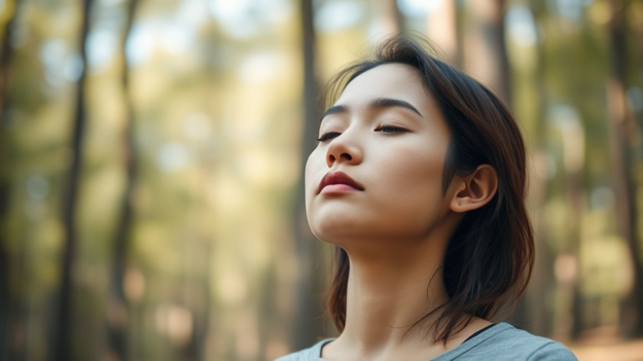 Mindful breathing exercises: serene woman meditating outdoors.