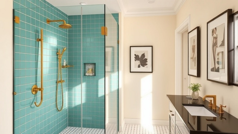 90s bathroom makeover with teal tiles and brass fixtures.
