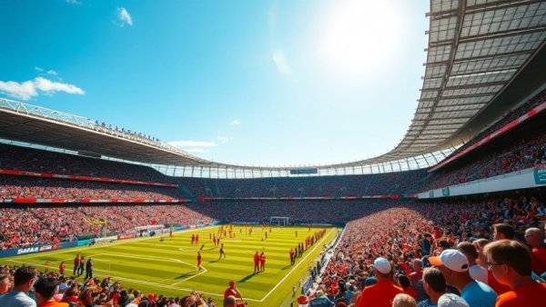 Football stadium scene with a lively crowd and clear sky.