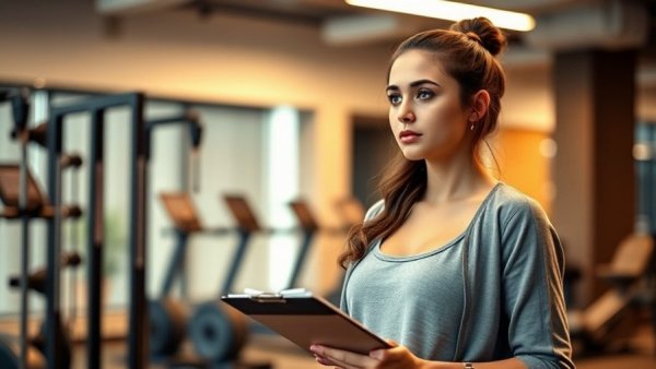 Young woman in a fitness studio contemplating core values in fitness.