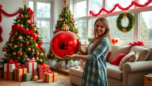 Festive room with Christmas tree and woman, featuring affordable home decor gifts.