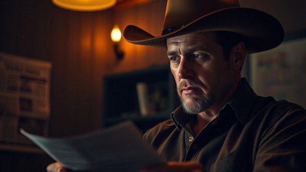 Contemplative man in cowboy hat studies documents in dimly lit room.