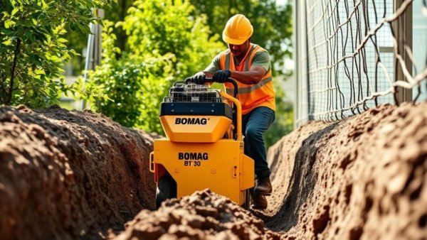 BOMAG BT 30 tamper in action on a dirt trench