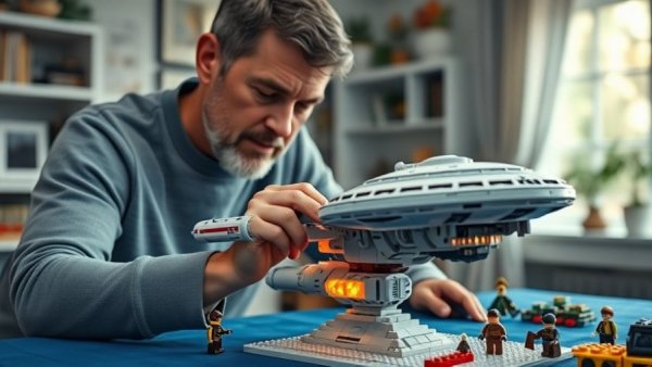 Middle-aged man assembling LEGO Star Trek Enterprise model on a blue table.